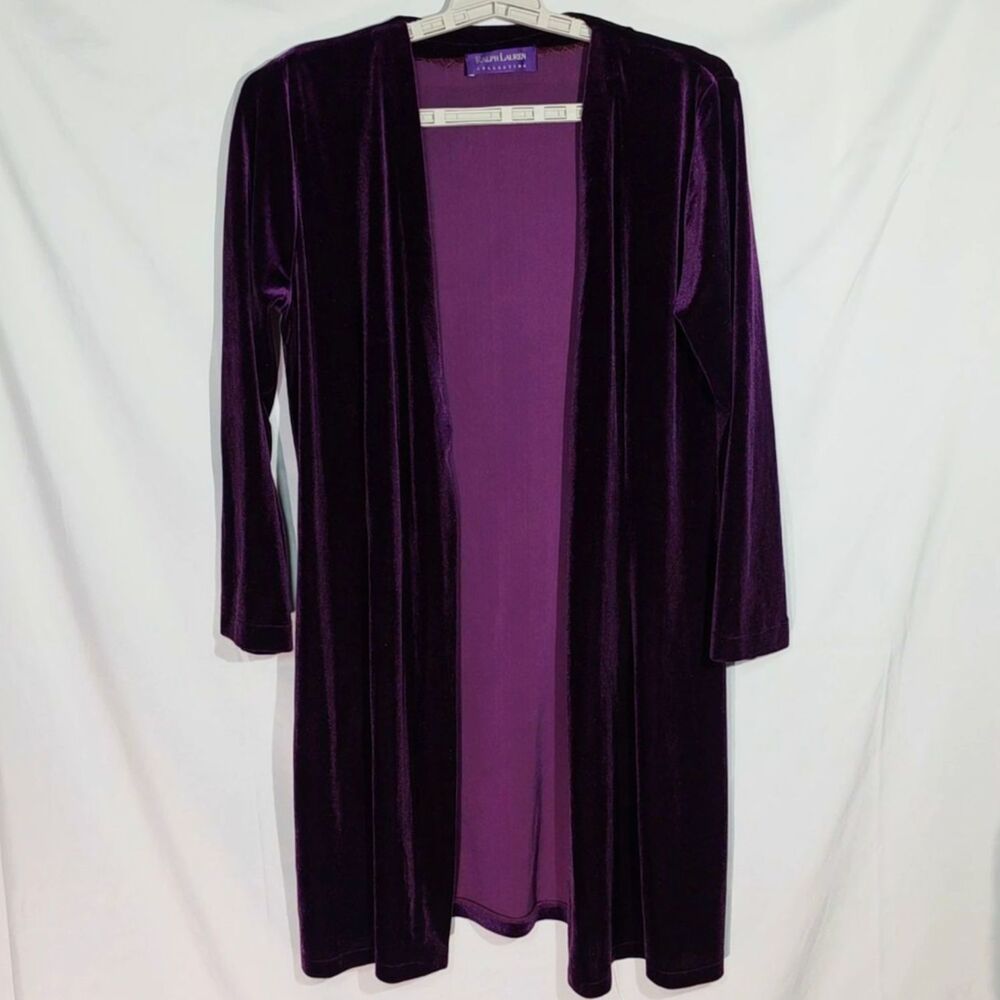 Ralph Lauren Collection Silk Blend Velvet Open Front Midi Duster Coat Plum